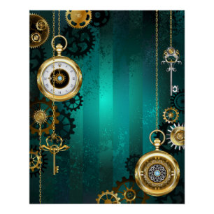 Póster Reloj de joyería Steampunk sobre un fondo verde