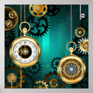 Póster Reloj de joyería Steampunk sobre un fondo verde