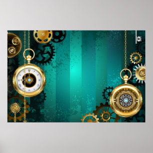 Póster Reloj de joyería Steampunk sobre un fondo verde