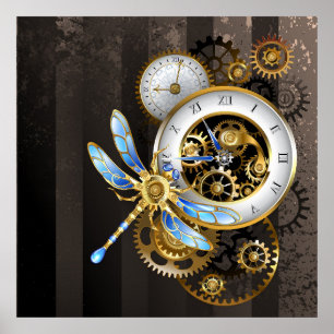 Póster Reloj de vapor con libélula mecánica