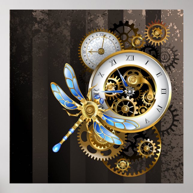 Póster Reloj de vapor con libélula mecánica (Frente)