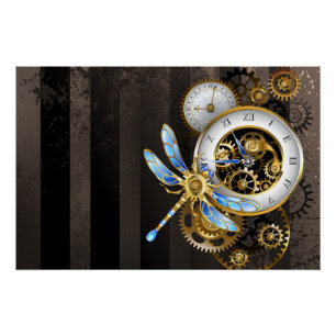 Póster Reloj de vapor con libélula mecánica