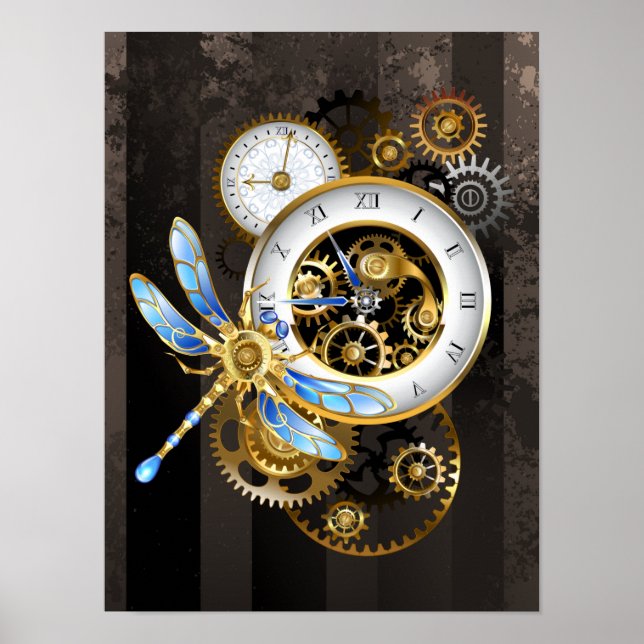 Póster Reloj de vapor con libélula mecánica (Frente)