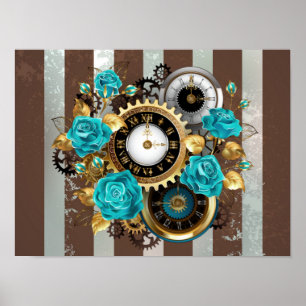 Póster Reloj de vapor y Rosas turquesa a rayas