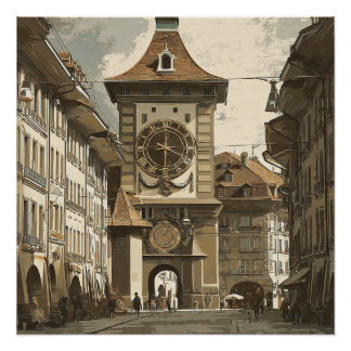 Póster Reloj de viaje antiguo de Berna Suiza