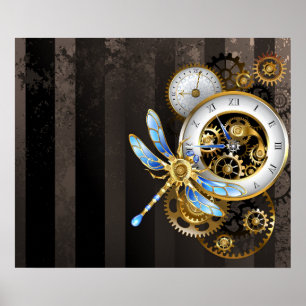 Póster Reloj Steampunk con libélula mecánica