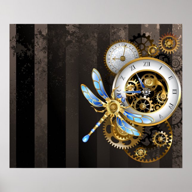 Póster Reloj Steampunk con libélula mecánica (Frente)