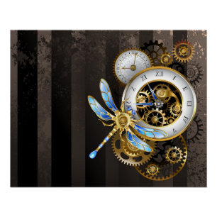 Póster Reloj Steampunk con libélula mecánica