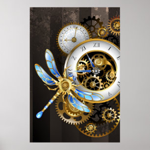 Póster Reloj Steampunk con libélula mecánica