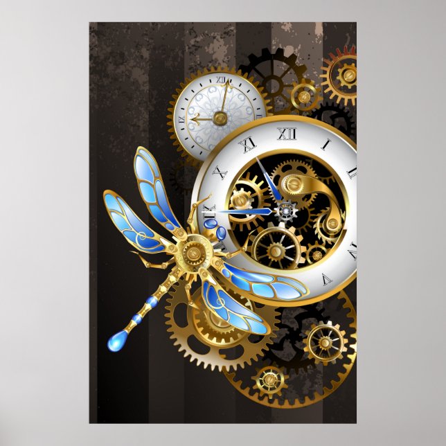 Póster Reloj Steampunk con libélula mecánica (Frente)