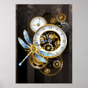 Póster Reloj Steampunk con libélula mecánica