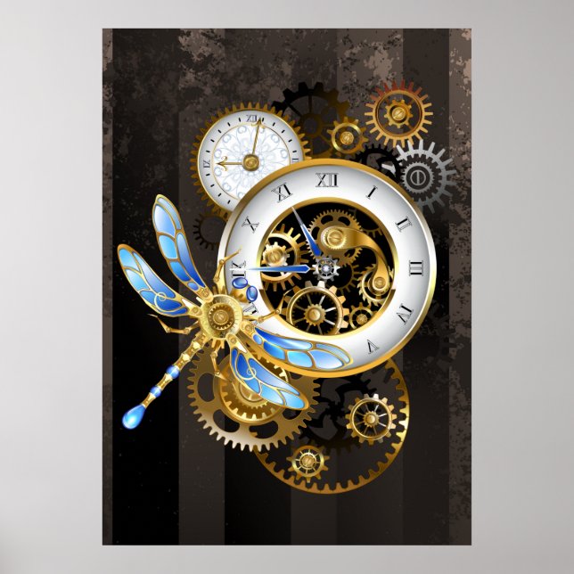 Póster Reloj Steampunk con libélula mecánica (Frente)