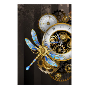 Póster Reloj Steampunk con libélula mecánica