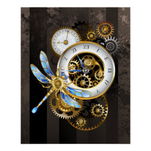 Póster Reloj Steampunk con libélula mecánica