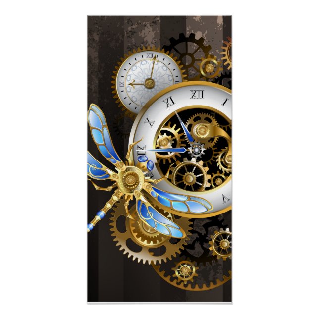 Póster Reloj Steampunk con libélula mecánica (Anverso)