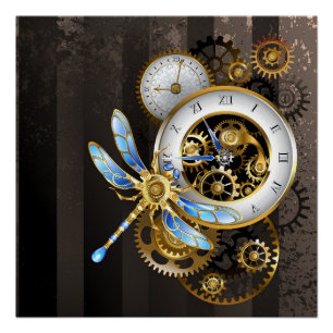 Póster Reloj Steampunk con libélula mecánica