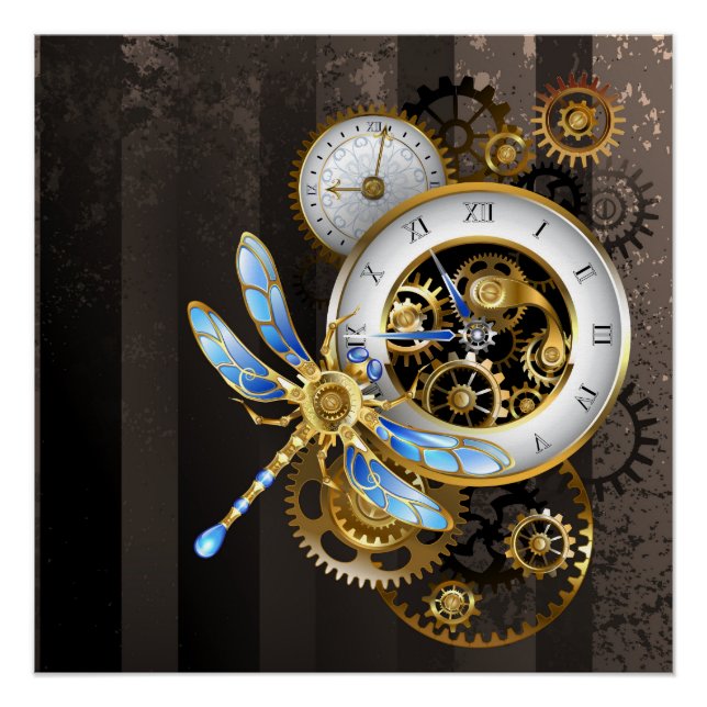 Póster Reloj Steampunk con libélula mecánica (Anverso)