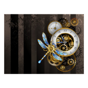 Póster Reloj Steampunk con libélula mecánica