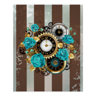Póster Reloj Steampunk y rosas turquesas a rayas