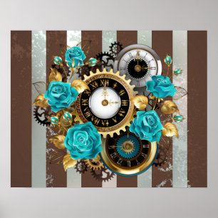Póster Reloj Steampunk y rosas turquesas a rayas