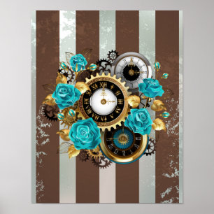 Póster Reloj Steampunk y rosas turquesas a rayas