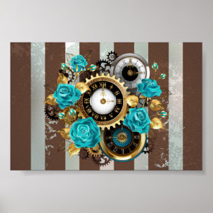 Póster Reloj Steampunk y rosas turquesas a rayas