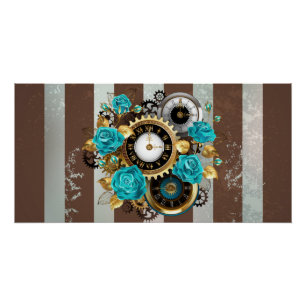Póster Reloj Steampunk y rosas turquesas a rayas
