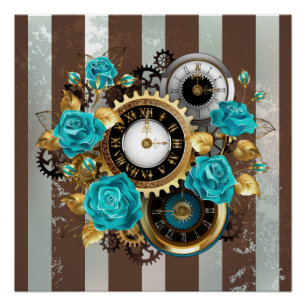 Póster Reloj Steampunk y rosas turquesas a rayas