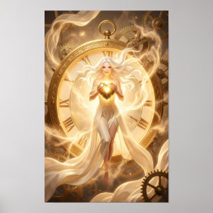 Póster Relojero Dorado del Corazón Luminoso Poster