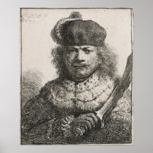 Póster Rembrandt - Autorretrato con sable levantado 1634