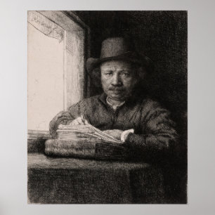 Póster Rembrandt - Autorretrato dibujando en la ventana