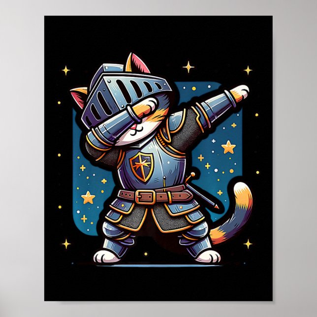 Póster Ren Faire Medieval Knight Dabbing Cat Kitten Funny (Frente)