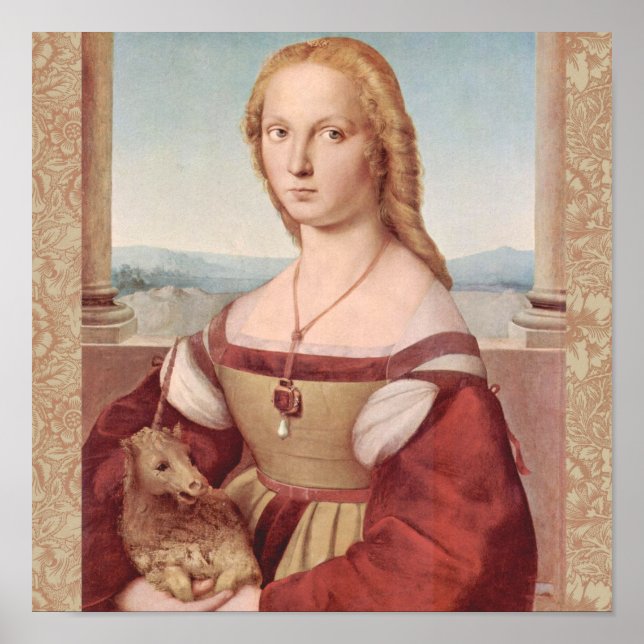 Póster Rennaisance Unicorn y Lady Raphael Painting (Frente)