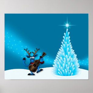 Póster Reno Bailando Guitarra Feliz Navidad Árbol Azul