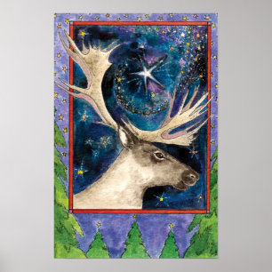 Póster Reno de Navidad por la noche con una estrella bril