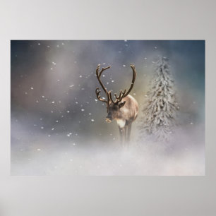 Póster Reno de Papá Noel en la nieve