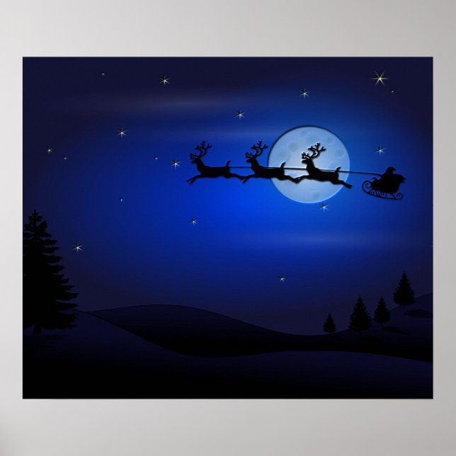 Póster Reno de Santa por la luna en azul (Frente)