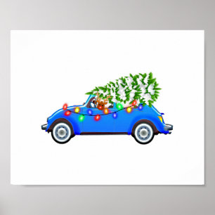 Póster Renos conduciendo un escarabajo con navidades tree