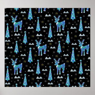 Póster Renos, copos de nieve, patrón de Navidades
