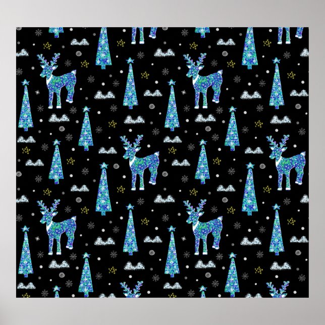 Póster Renos, copos de nieve, patrón de Navidades (Frente)