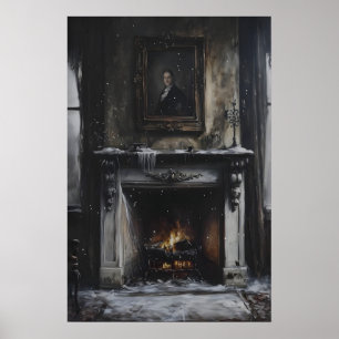 Póster Repisa de chimenea abandonada con nieve y retrato