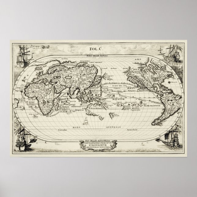 Póster Réplica decorativa del Mapa Mundial de Antigüedade (Frente)