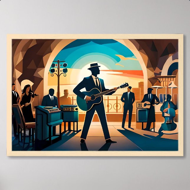 Póster representación de canciones de jazz en un café de  (painting jazz song performance in retro style cafe)