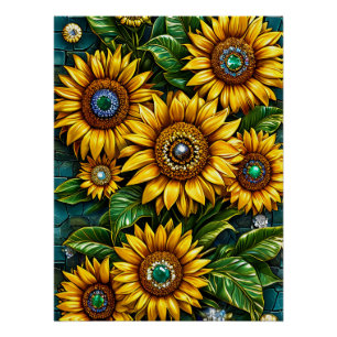 Póster Representando girasoles con adornos de piedras pre