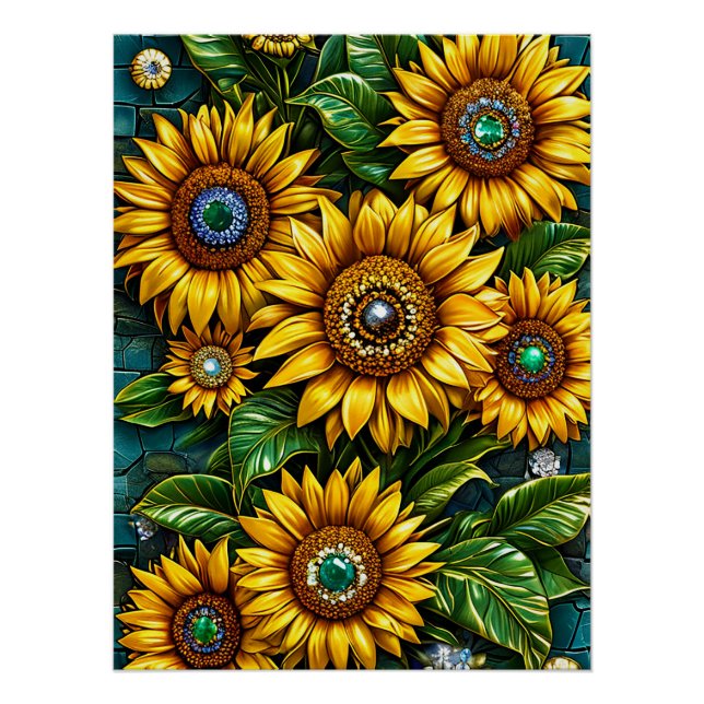 Póster Representando girasoles con adornos de piedras pre (Anverso)