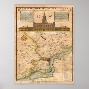 Póster Reproducción 1750 del mapa de Philadelphia