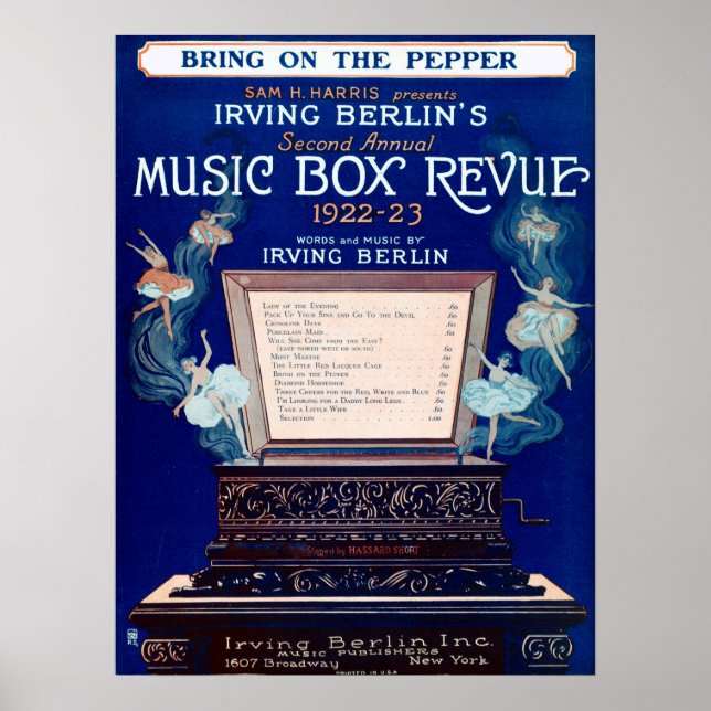 Póster Reseña de caja de música de Berlín de Irving Vinta (Frente)