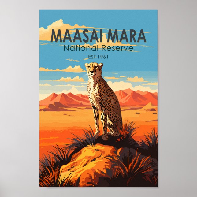 Póster Reserva Nacional de Maasai Mara Cheetah Travel Art (Frente)