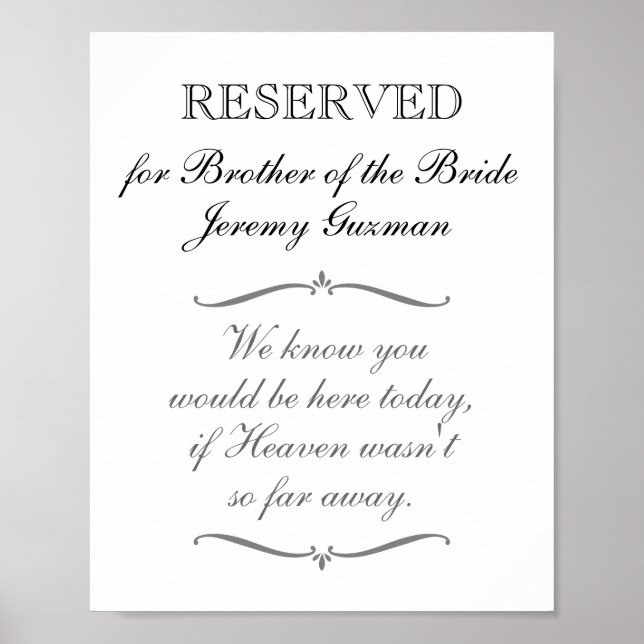 Póster Reservado Para Hermano de la Novia Memorial Boda (Frente)