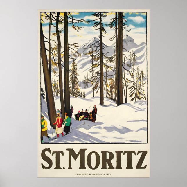 Póster Resort Alpino Saint Moritz Suiza Invierno Esquí (Frente)
